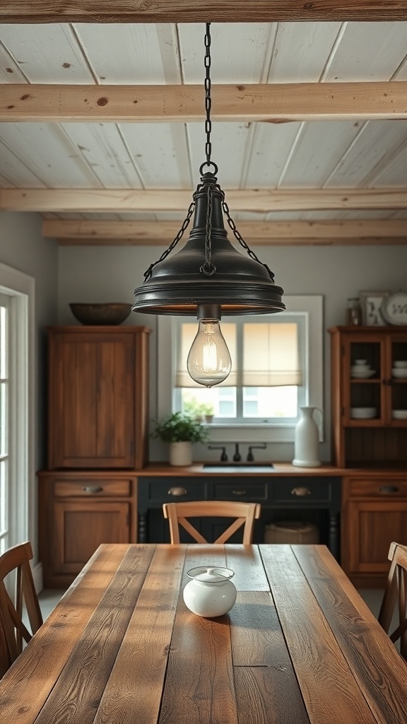 A rustic barn-style pendant light hanging above a wooden dining table.
