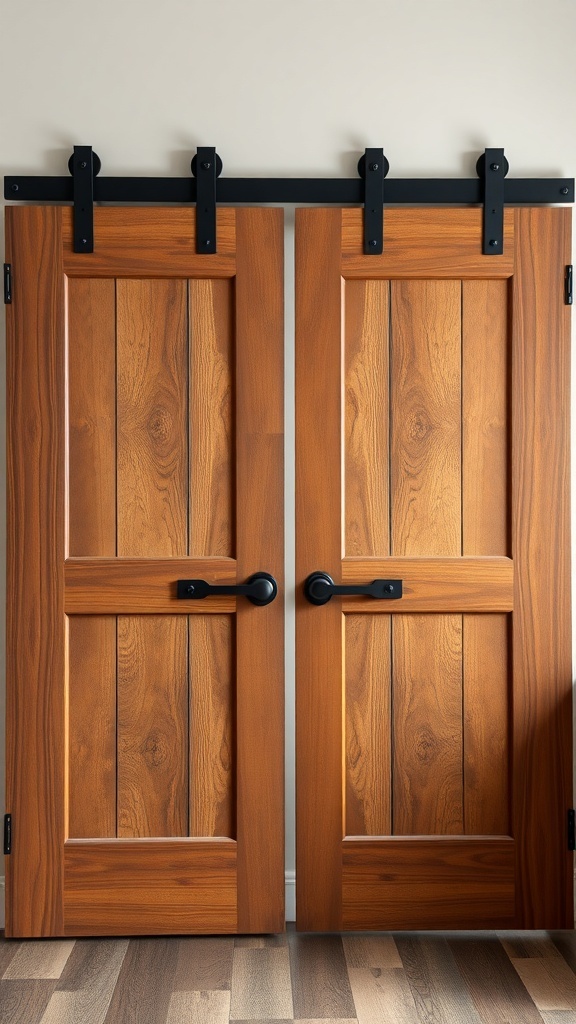 A pair of wooden barn doors with black hardware