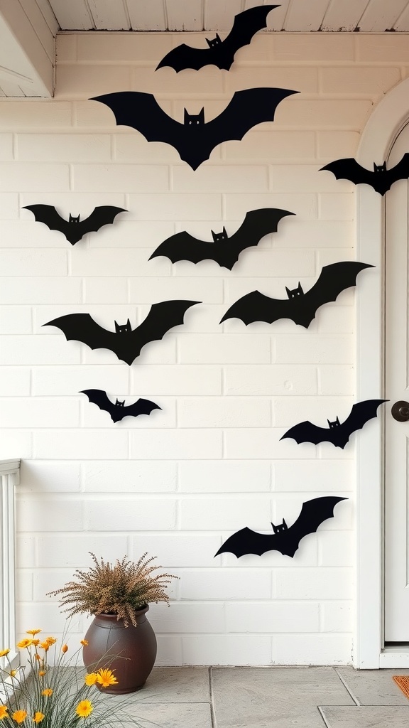 Decorative black bat cutouts on a white wall, with a potted plant and flowers on a porch.