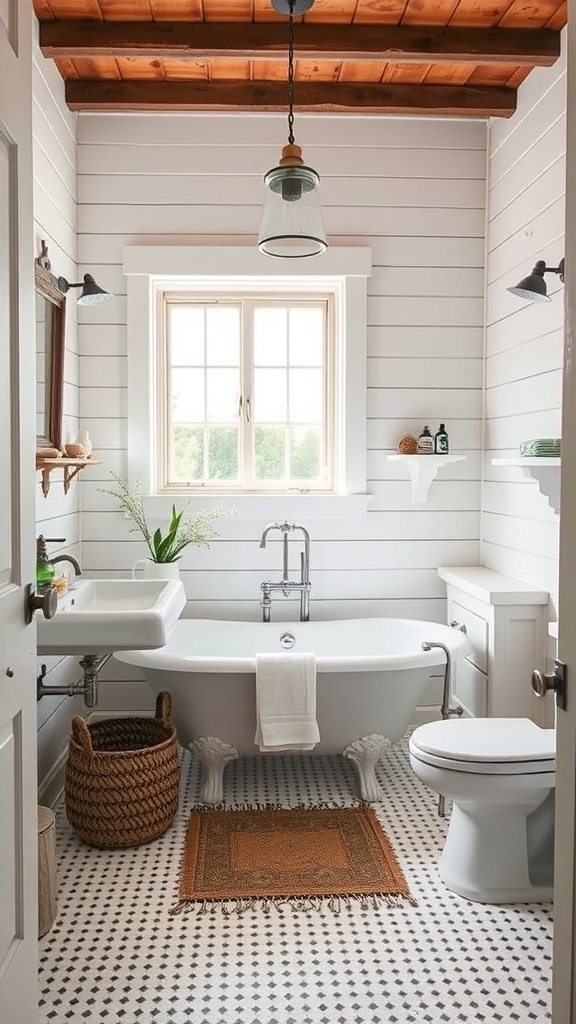 Charming modern farmhouse bathroom with shiplap walls and wooden beams