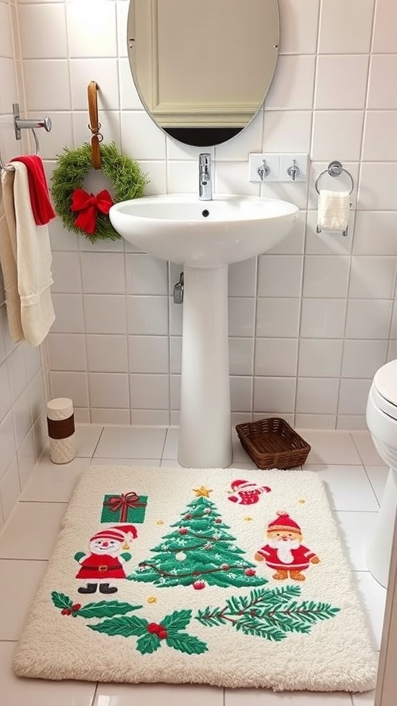 A Christmas-themed bathroom rug with Santa, a tree, and gifts.