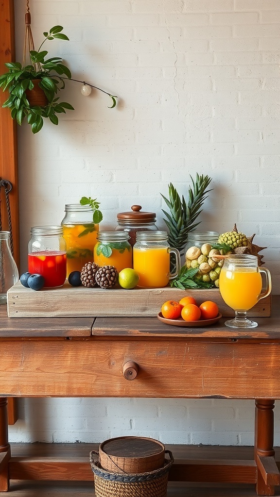 A rustic table with various beverages and fruits, creating a charming beverage station.