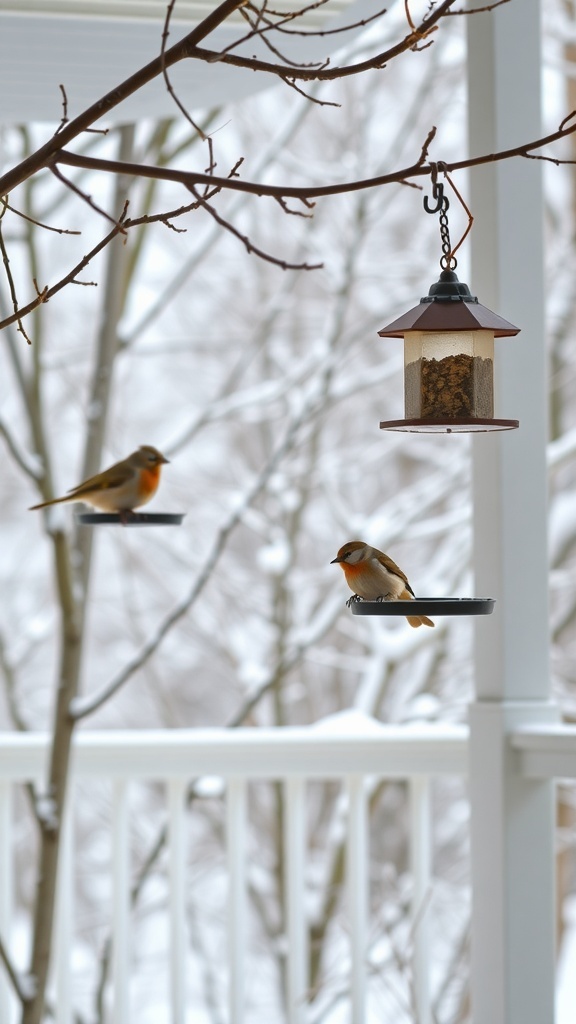 Two birds perched on a bird feeder in a snowy setting.