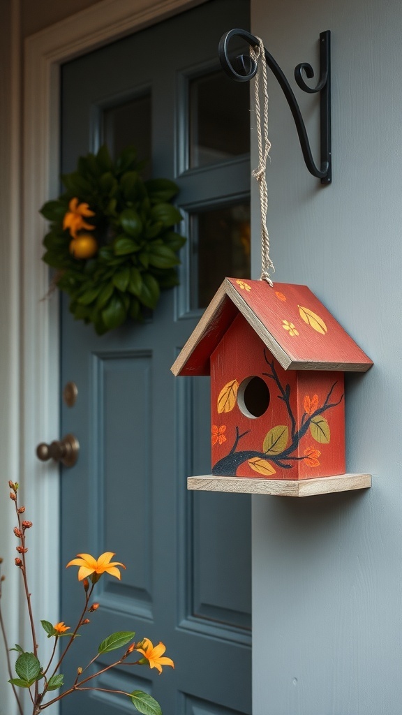 A colorful birdhouse hanging next to a green wreath on a front door, with autumn leaves and flowers in the foreground.