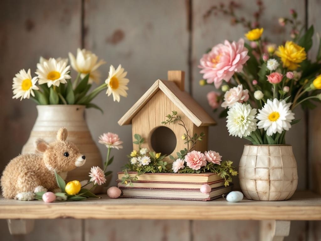 A wooden birdhouse surrounded by flowers and a plush animal on a shelf.