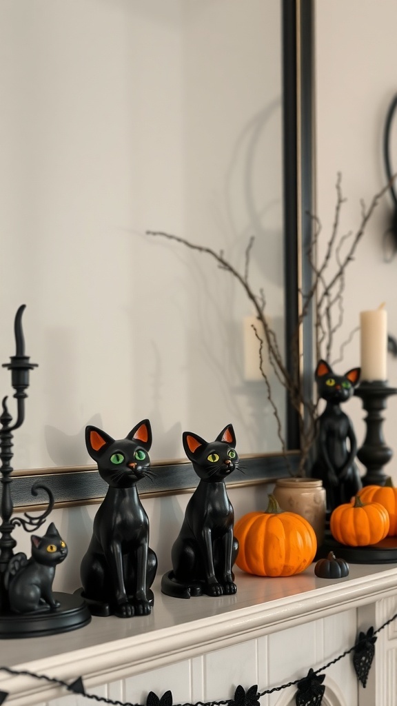 A cozy Halloween decor featuring black cat figurines and pumpkins on a mantel.