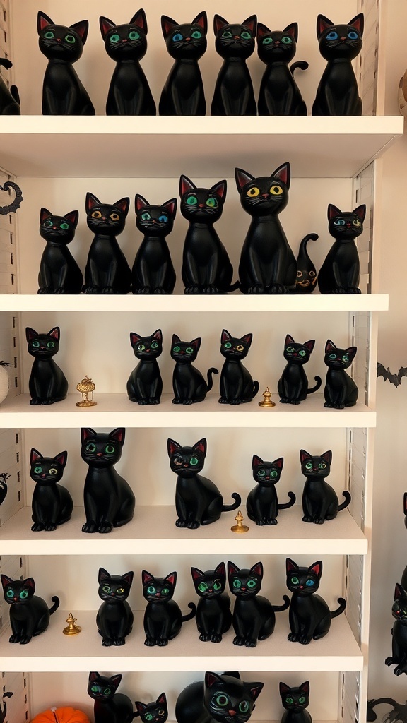 A collection of black cat figurines on shelves, showcasing various sizes and expressions.