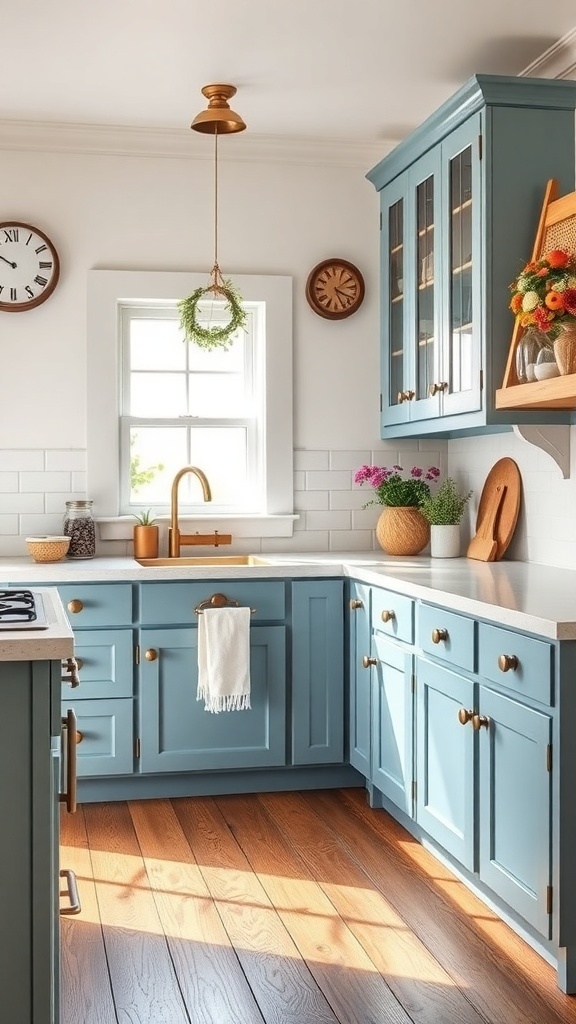 A bright kitchen featuring charming blue cabinets, wooden flooring, and natural light.