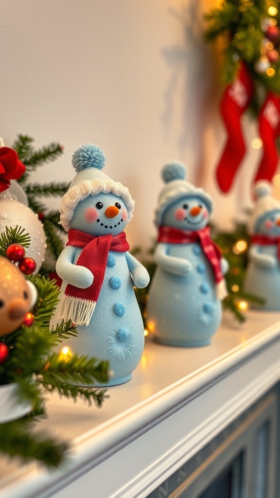 Charming blue snowman figurines with scarves on a mantel decorated for Christmas.