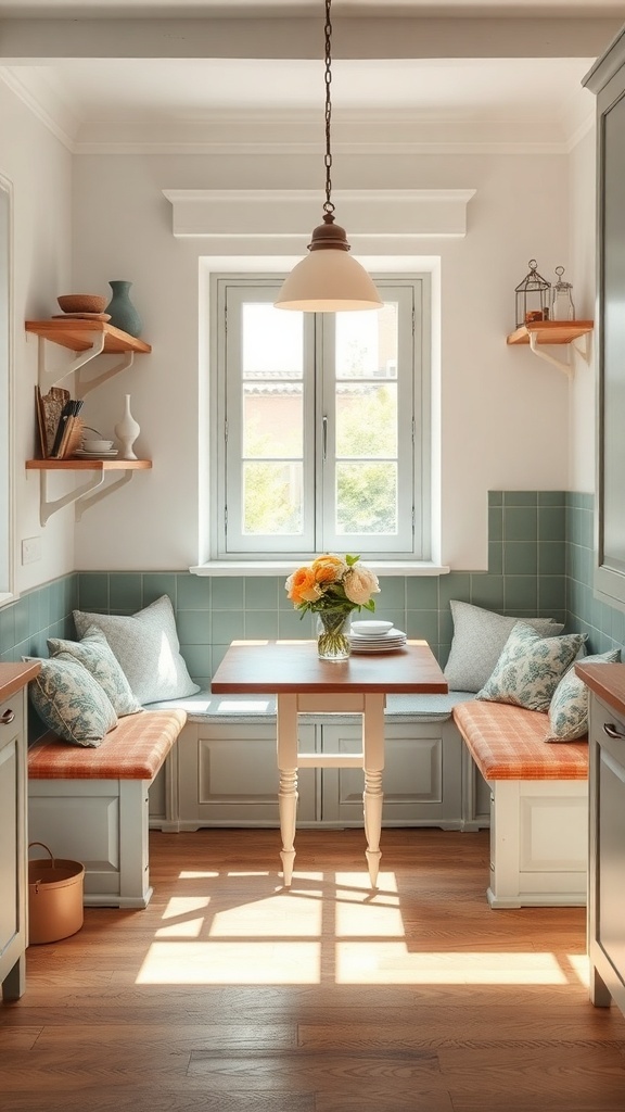 A charming breakfast nook with a small table, cushioned benches, and natural light.