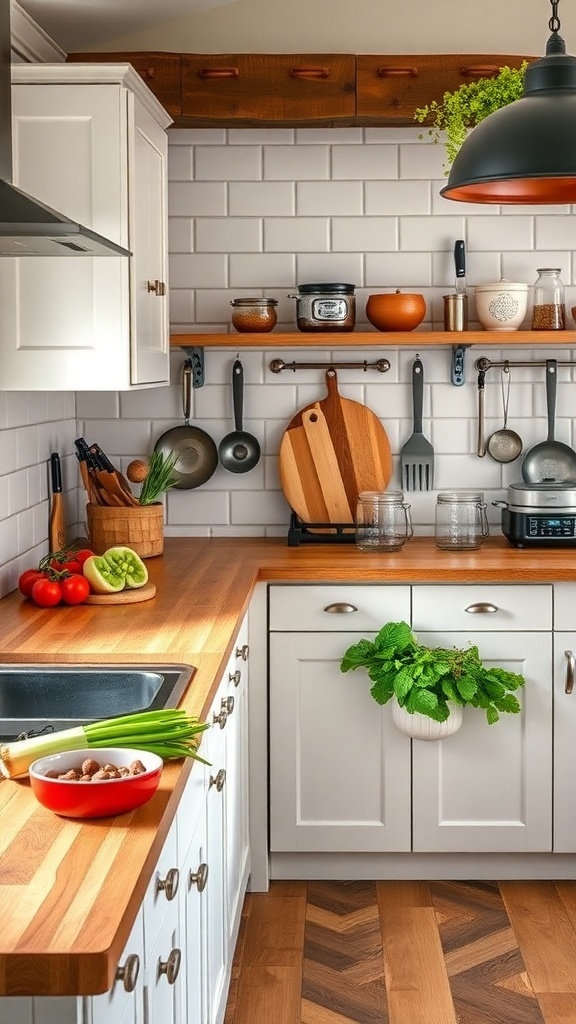 A cozy English farmhouse kitchen featuring butcher block countertops, white cabinets, and fresh herbs.