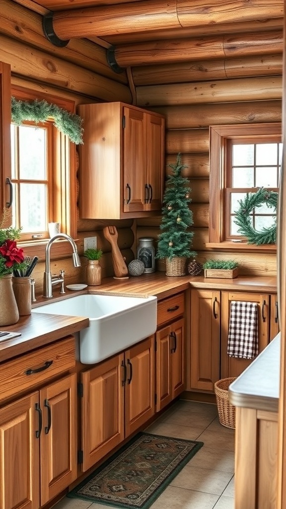 Cozy winter cabin kitchen with wooden cabinets and farmhouse sink