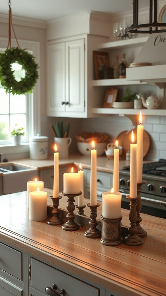 A farmhouse kitchen counter decorated with various candles in rustic holders.