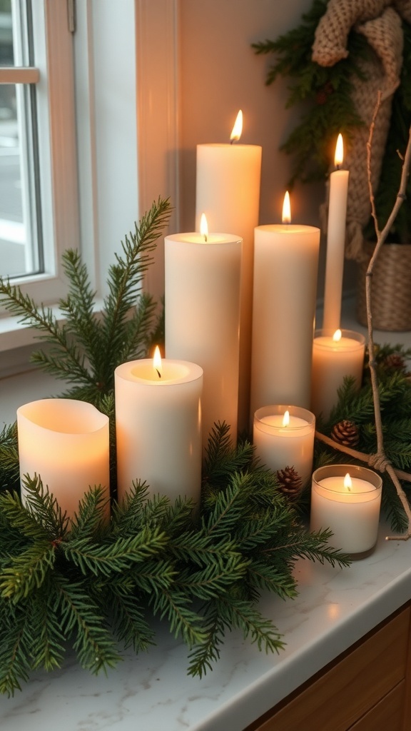 A beautiful arrangement of candles surrounded by greenery and pinecones on a countertop.