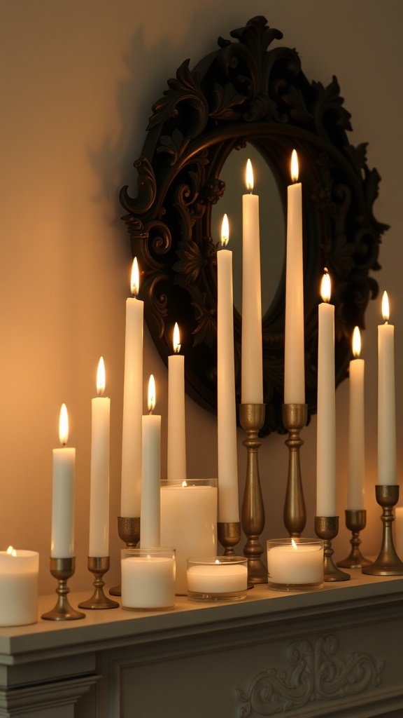 A collection of candles in various heights on a mantel, creating a warm and inviting atmosphere.