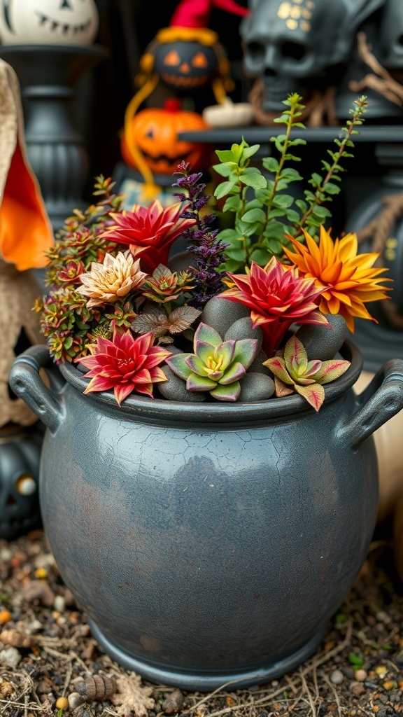 A cauldron planter filled with colorful succulents, surrounded by Halloween decorations.