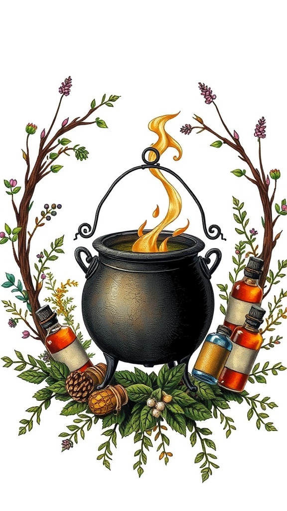 A Halloween wreath featuring a black cauldron with a flame, surrounded by herbs and colorful potion bottles.