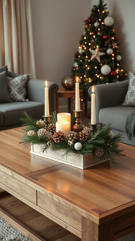 A beautifully arranged centerpiece on a coffee table featuring pinecones, greenery, and candles, with a Christmas tree in the background.