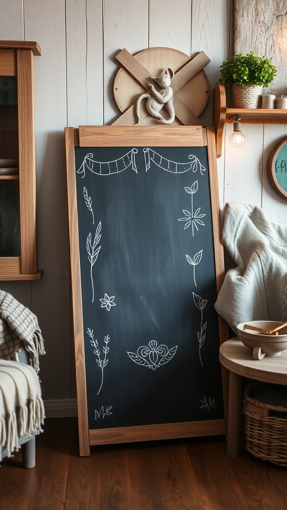 A chalkboard with handwritten text, surrounded by a wreath and a plant, in a farmhouse living room.
