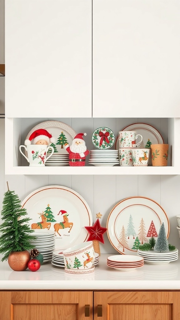 A charming display of Christmas dishware, featuring festive plates, cups, and decorations in a kitchen cabinet.