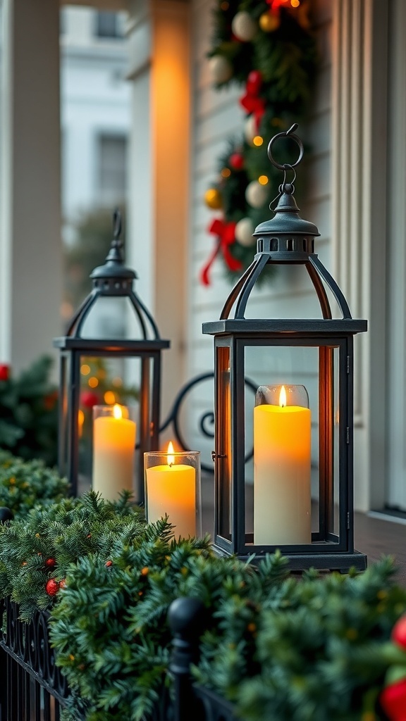Two charming Christmas lanterns with candles on a decorated porch.