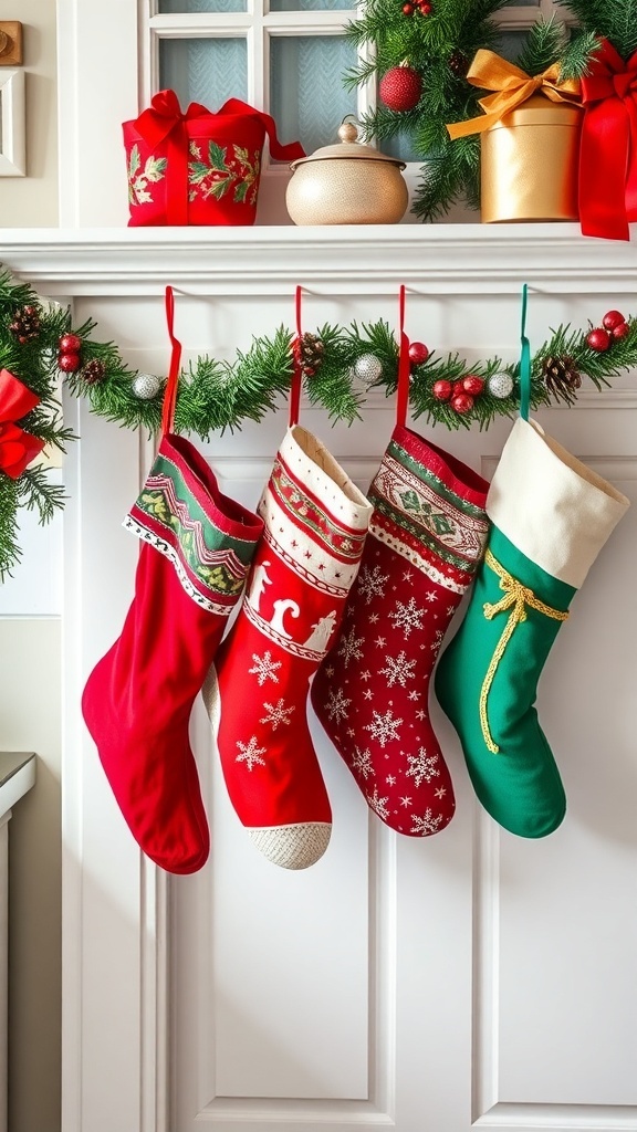 Colorful Christmas stockings hanging on a mantel with festive decorations.