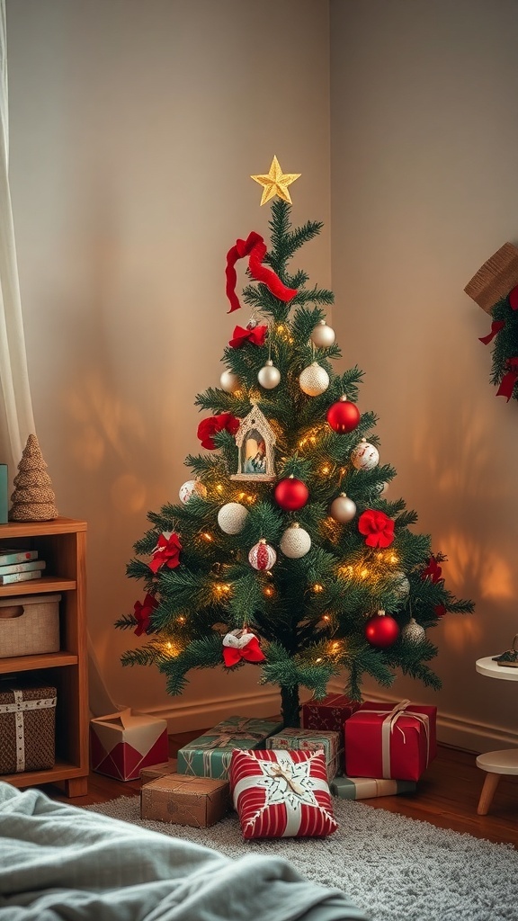 A cozy Christmas tree corner with a decorated tree, wrapped gifts, and warm lighting.