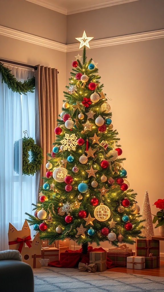 A beautifully decorated Christmas tree with colorful ornaments and lights in a cozy room.