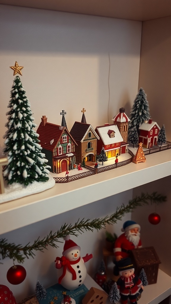A charming Christmas village display with miniature houses, trees, and festive figures.