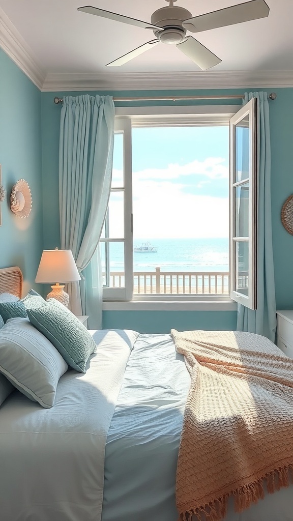A coastal-themed bedroom with blue walls, a cozy bed, and a view of the ocean through open windows.