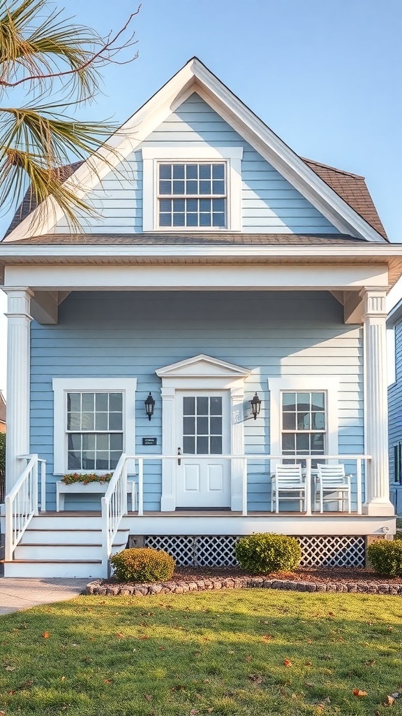 A charming coastal house with a blue exterior and white trim, featuring a porch and well-kept landscaping.