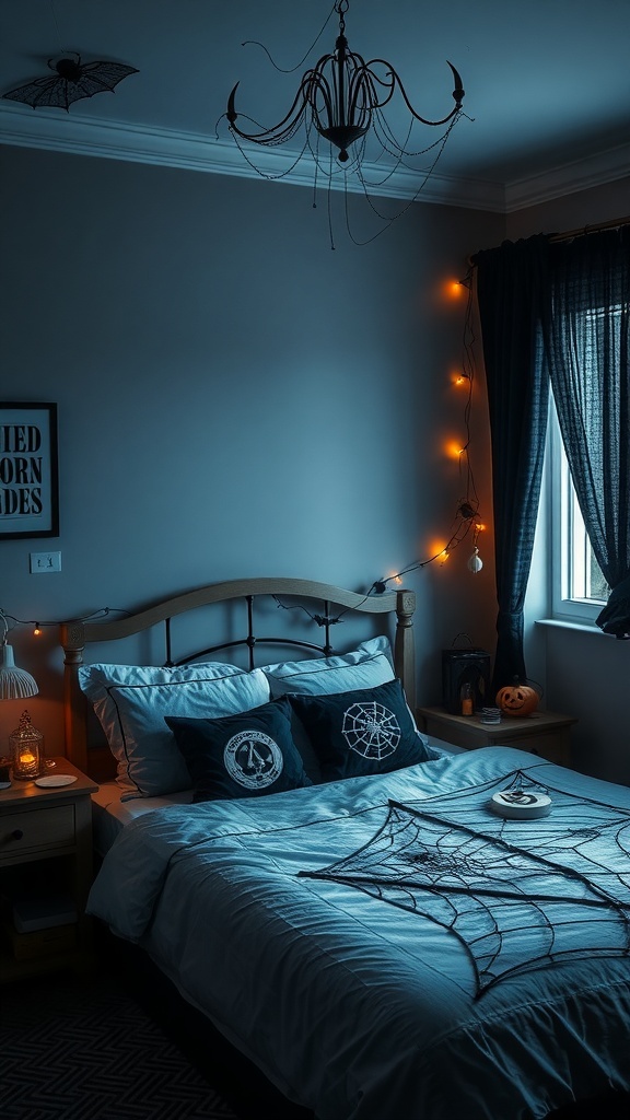 A cozy bedroom decorated for Halloween with cobweb details, soft blue tones, and warm string lights.