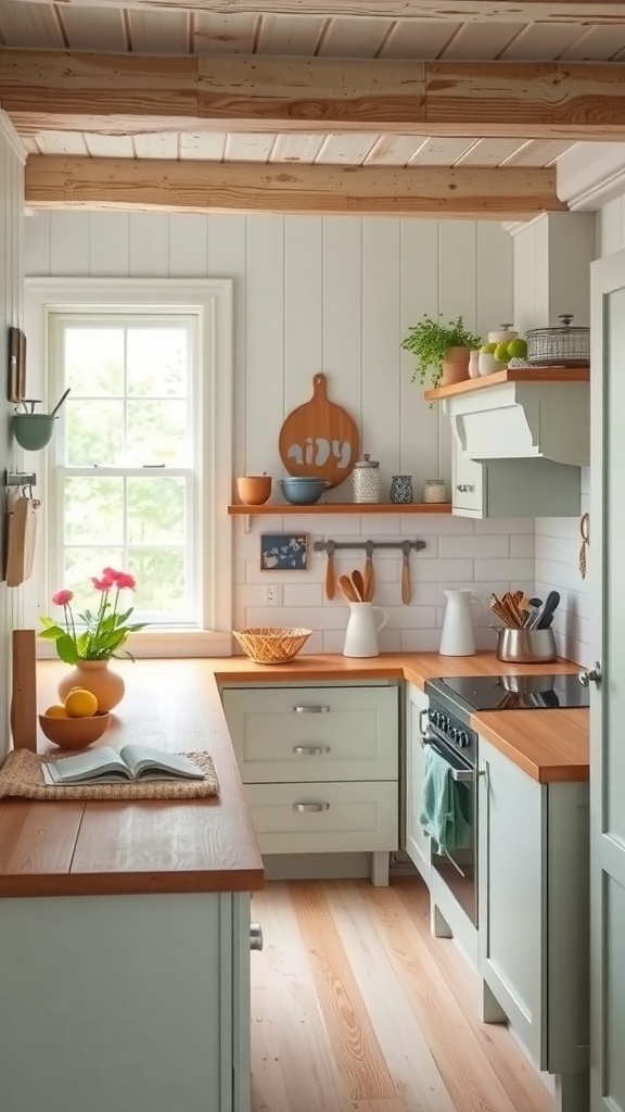 A cozy tiny farmhouse kitchen with soft green cabinets and warm wood accents.
