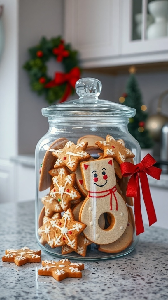 A glass cookie jar filled with decorated cookies, including star shapes and a snowman, with a festive ribbon.