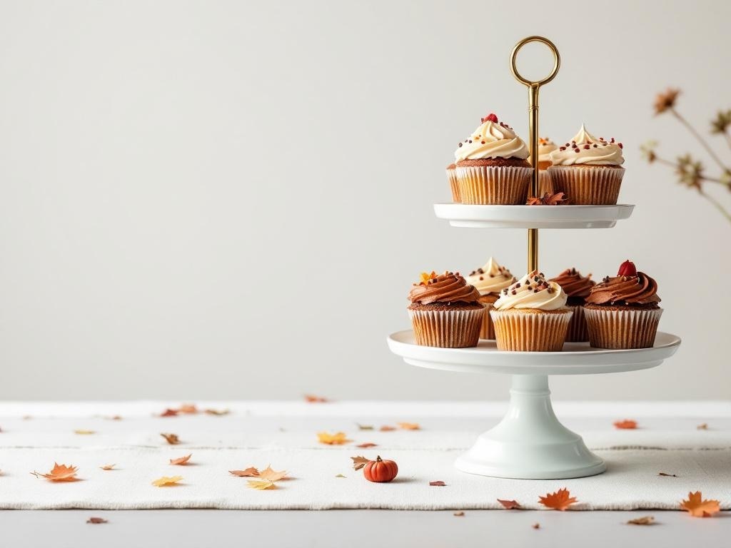A tiered cupcake stand filled with decorated cupcakes, surrounded by autumn leaves.
