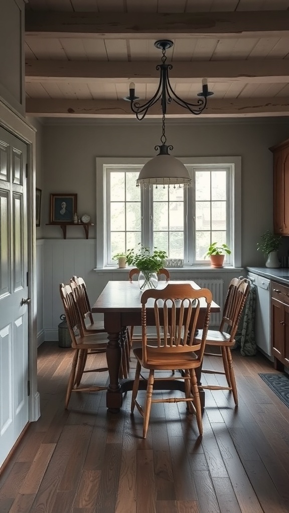 A cozy farmhouse dining area with a wooden table, vintage chairs, and natural light.