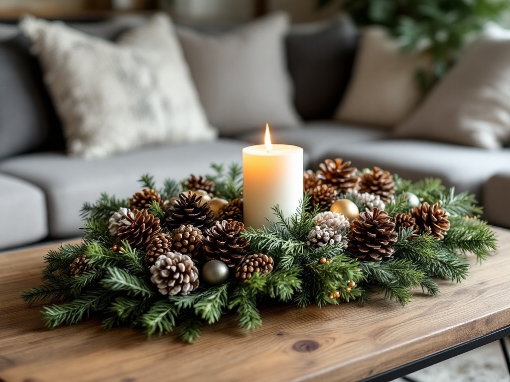 A DIY centerpiece with a white candle, pinecones, and greenery on a wooden table.