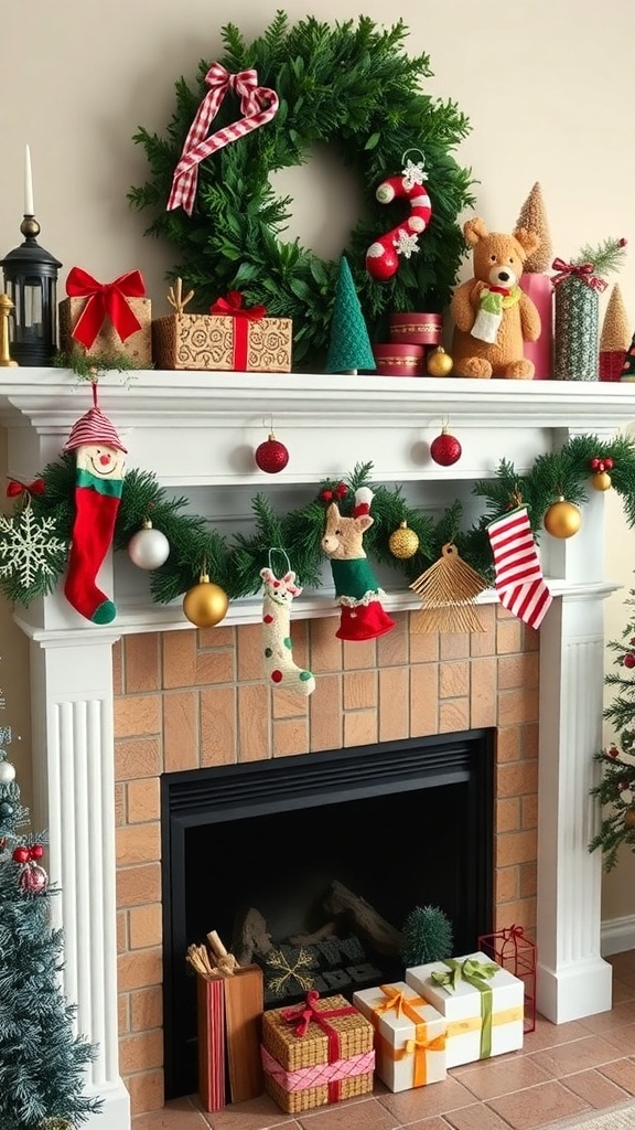 A beautifully decorated Christmas fireplace mantel with a wreath, ornaments, and gifts.