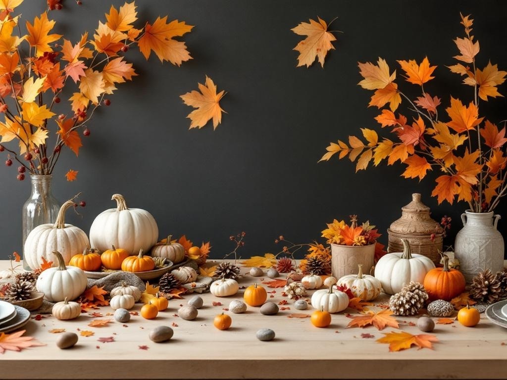 A beautifully decorated Thanksgiving table featuring pumpkins, autumn leaves, and natural elements.