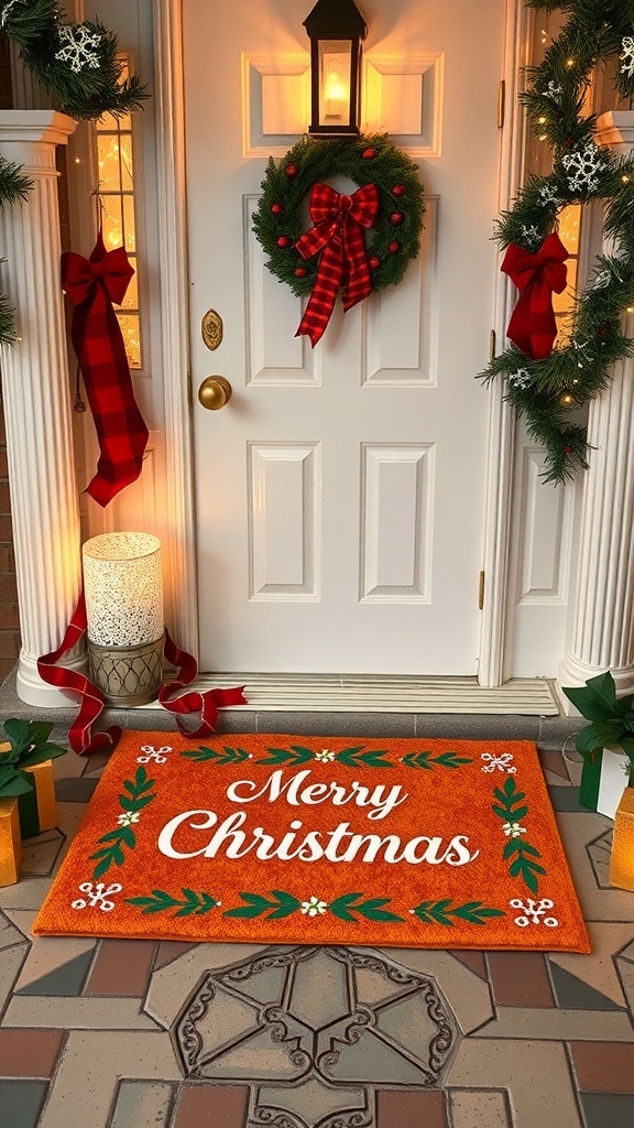 A festive door mat that says 'Merry Christmas' surrounded by holiday decorations.
