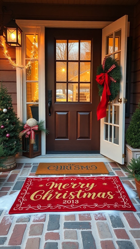 A Christmas-themed door mat with 'Merry Christmas' written in gold, placed at a front door decorated for the holidays.