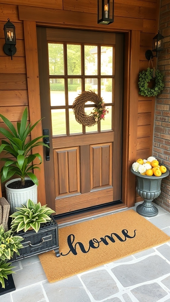 A rustic entryway featuring a welcome mat, potted plants, and a wooden door.