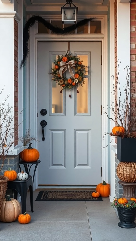 Charming Halloween entryway with a decorated door, pumpkins, and a wreath.