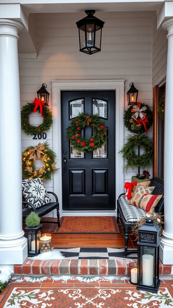 A beautifully decorated entryway with wreaths, pillows, and candles for winter.