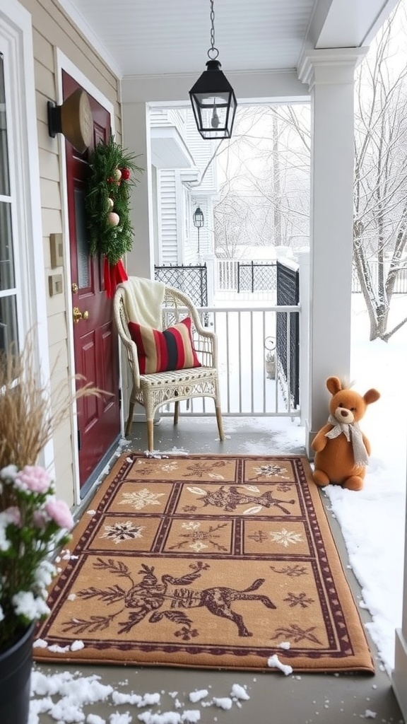 A winter-themed entryway rug on a porch with a red door, snow, and holiday decorations.