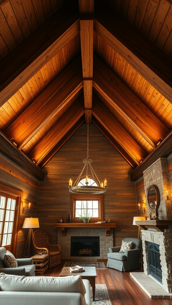 Interior of a rustic house featuring exposed wooden beams and cozy furnishings.