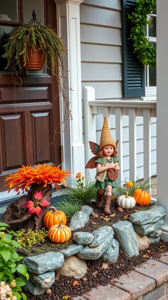 A charming fairy statue in a fall-themed garden with pumpkins and colorful foliage near a front door.