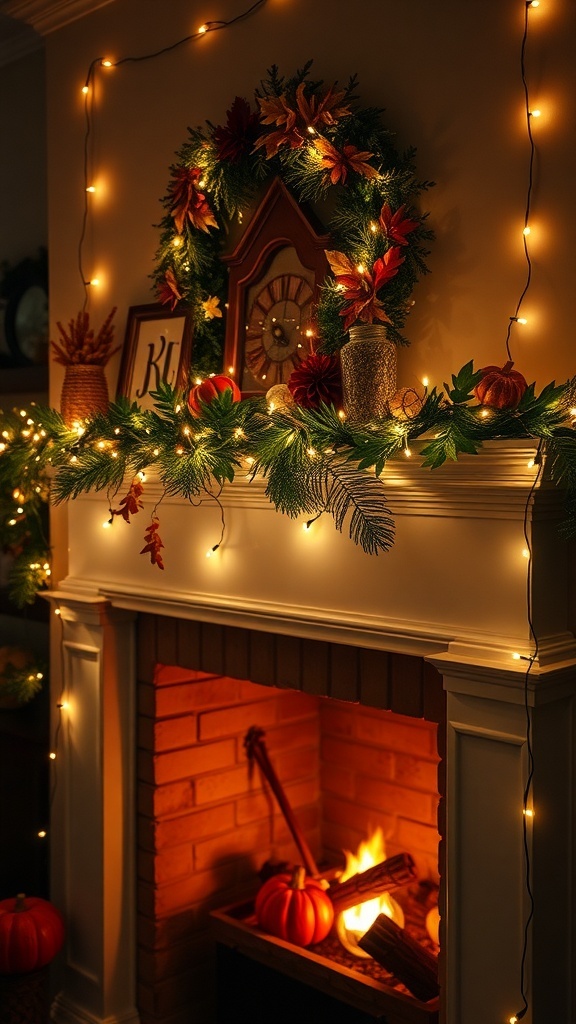 A cozy mantel decorated with fairy lights, autumn leaves, pumpkins, and a clock, creating a warm glow.