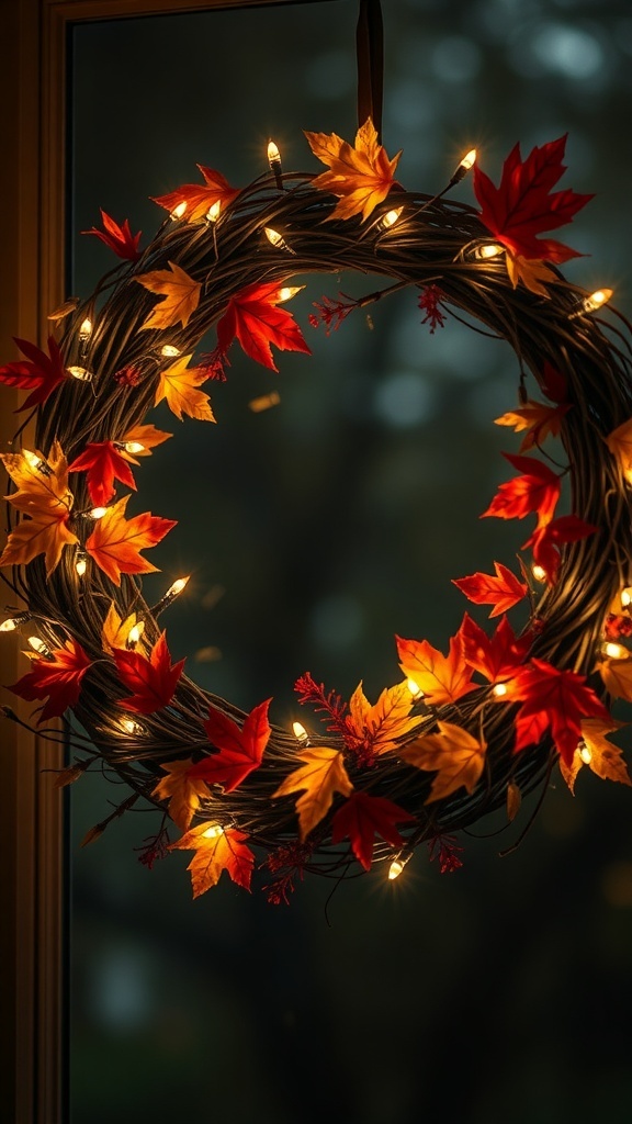 A fall wreath made of twigs and colorful autumn leaves, adorned with fairy lights.