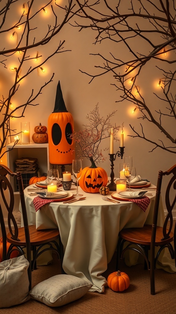 A charming Halloween table setting with pumpkins, candles, and fairy lights.